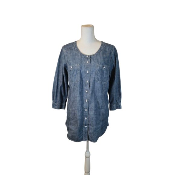Duluth Organic Cotton Button Up Top Women Size Large Blue Denim Pockets Casual - Picture 1 of 7